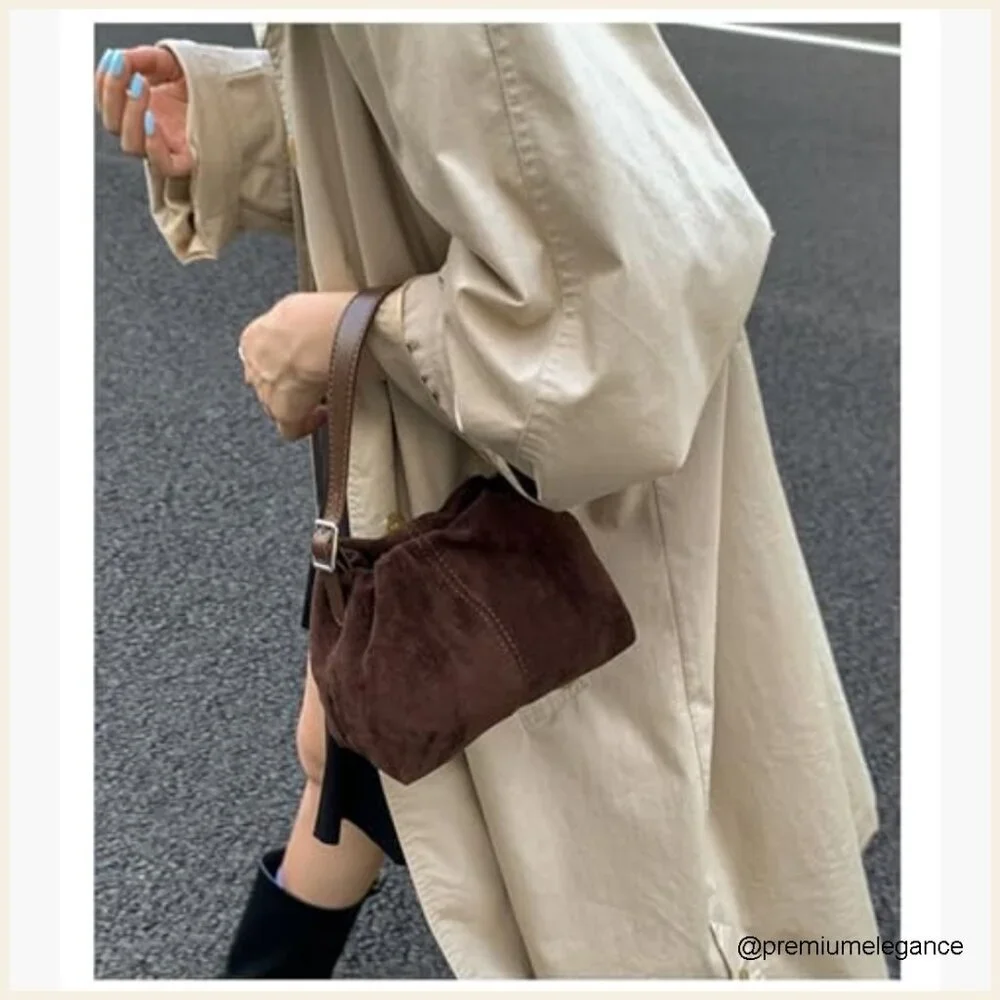 Vintage Faux Suede Drawstring Bucket Bag with 3 Interchangeable Straps - Picture 5 of 7